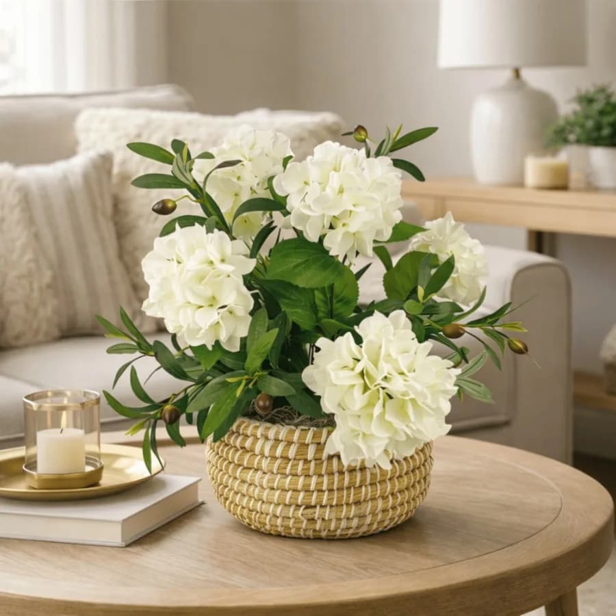 Artificial Plant 1.67ft Artificial White Hydrangea Plant with Olive Branches in a White Basket by Faux Designer Fake Indoor Tre
