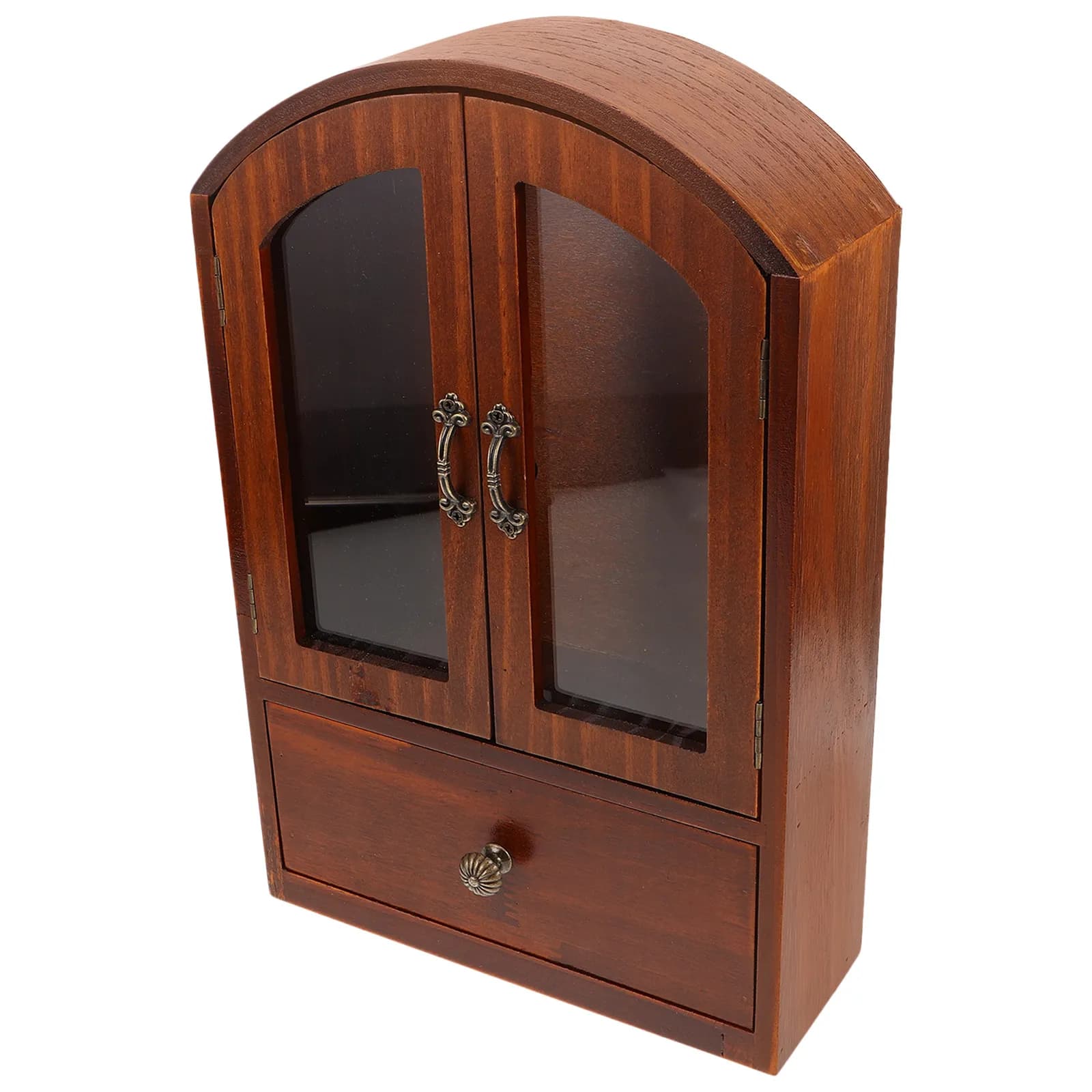 Mobiletto da Scrivania in Legno con Ante in Vetro e Cassetti, Organizzatore Stile Retrò per Cosmetici e Articoli da Ufficio