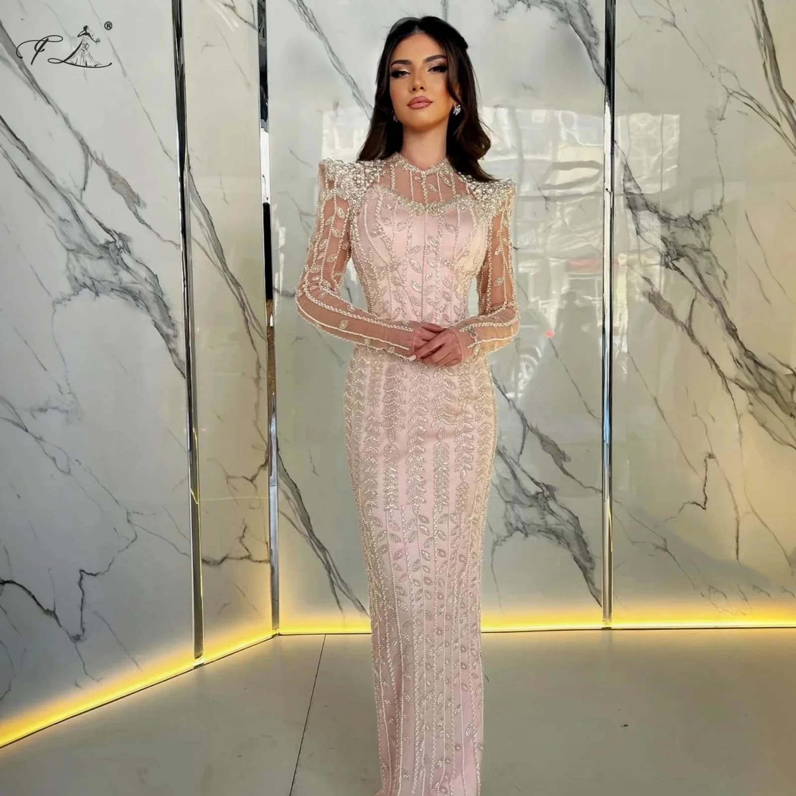 Abito da sera a sirena con pizzo di perle, maniche lunghe, abito lungo da ballo in stile cinese, elegante abito lungo da donna