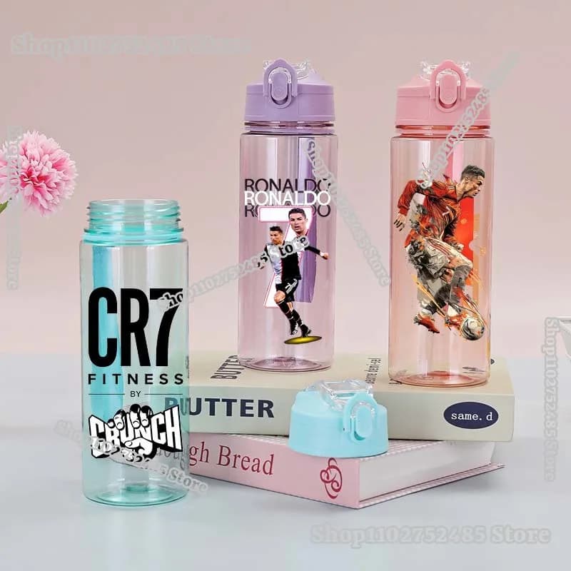 Borraccia in plastica Cristiano Ronaldo CR7, portatile, con cannuccia, per esterni, trasparente, per bambini, con tracolla, per sport estivi e palestra