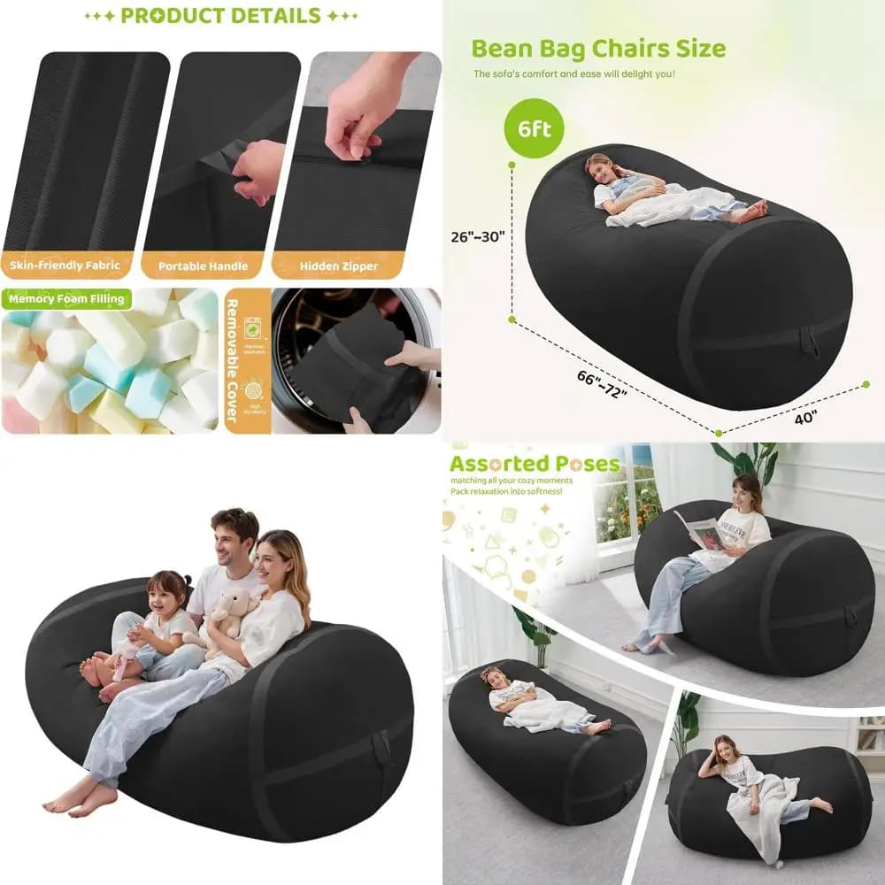 Poltrona a sacco grande in memory foam da 6 piedi con rivestimento rimovibile, comodo divano per soggiorni e letti, nera