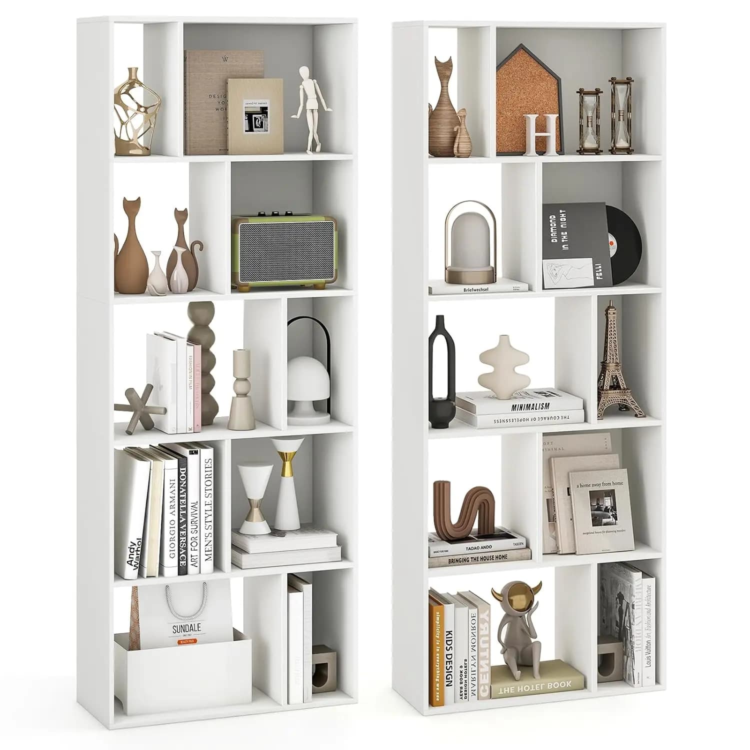 5-Tier Geometric Bookcase 2-Pack, 63" Freestanding Bookshelf 10 Open Cubbies & Anti-Topple Kit, Modern Cube Storage Organizer Li