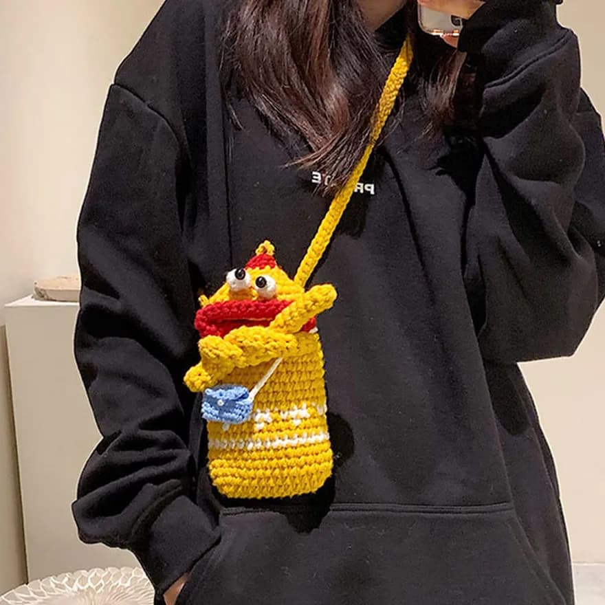 Funny Woolen Hook Woven Sausage Mouth Phone Bag Cute Crochet Sausage Mouth Doll Key Holder Storage Bag Wallets Knitting Bag