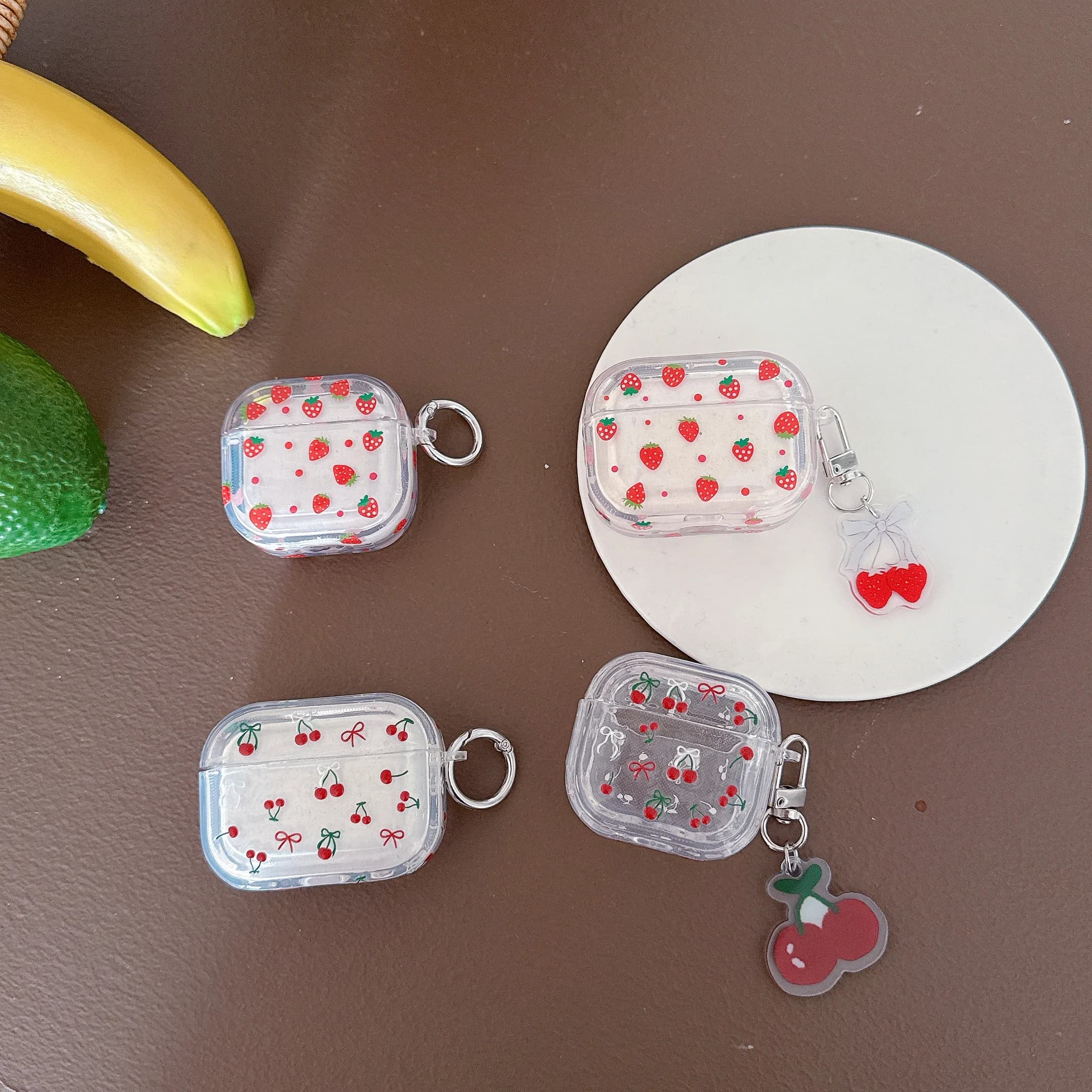 Fresh Aesthetic Red Strawberry And Cherry Bow Transparent Earphone Protect Cover Case for AirPods 1 or 2 3 4 Pro Pro2 Pro3