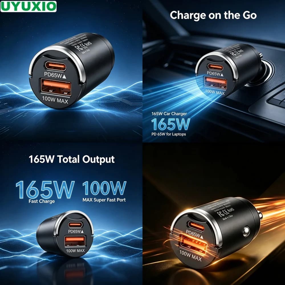 165W Two Port Car Charger Heat Resistant Zinc Alloy Body USB C 65W and USB A 100W Dual Charging for Cars Trucks SUVs and Travel