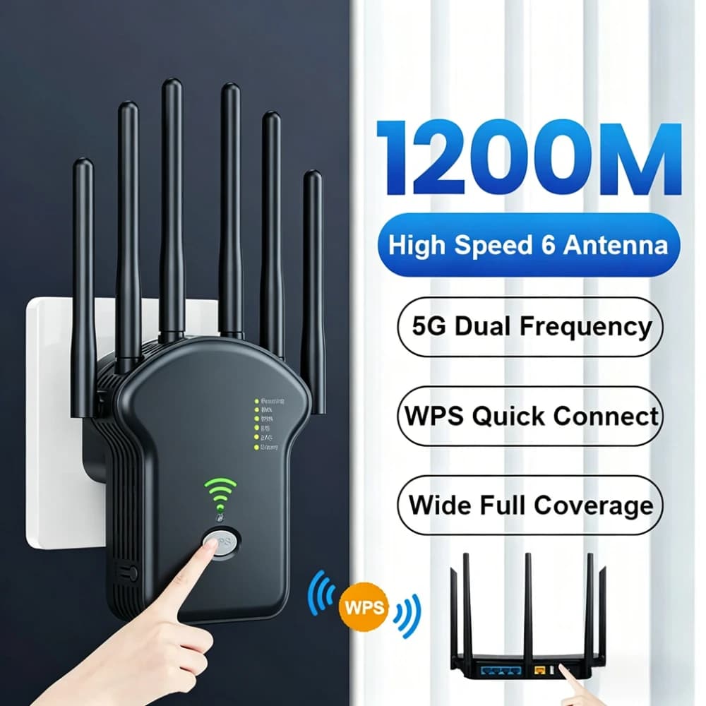 Ripetitore WiFi 1200Mbps con 6 Antenne, Estensore Wireless a Lungo Raggio, Amplificatore di Segnale per Rete Domestica