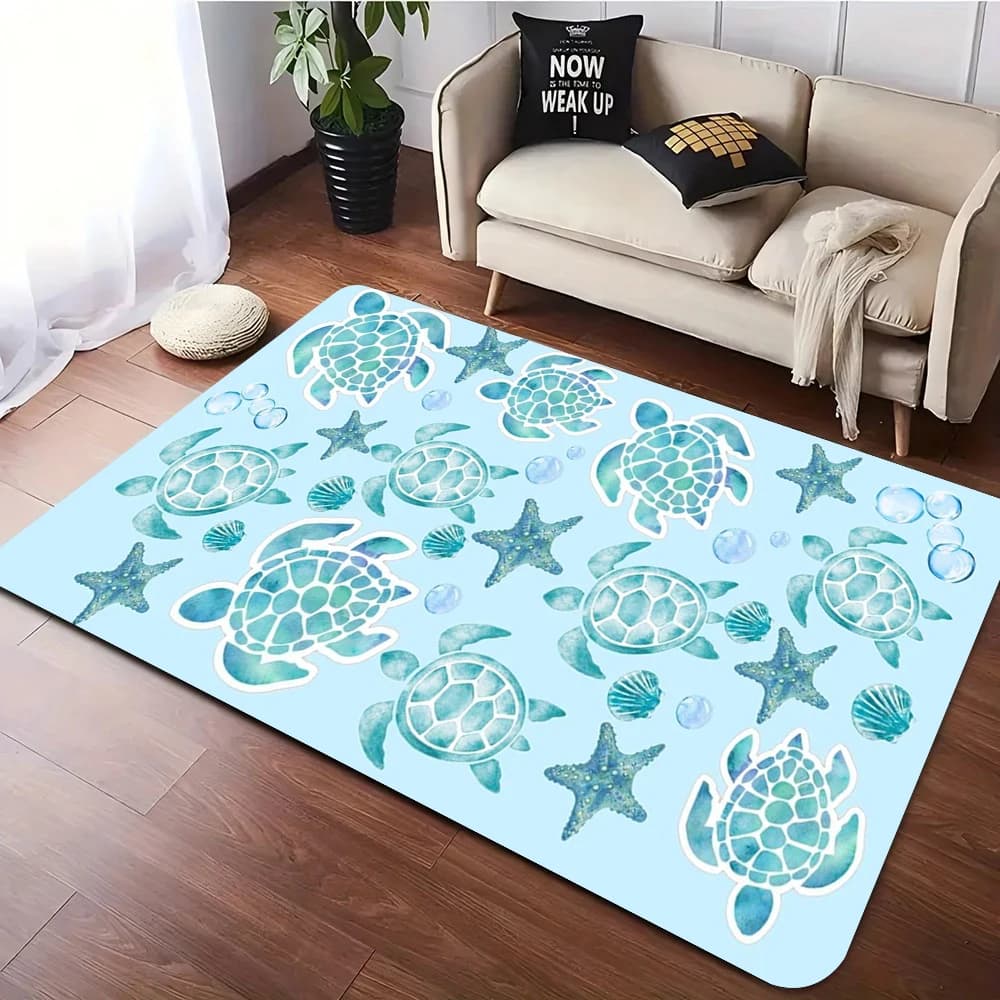 Tappeto artistico con motivo tartaruga acquatica blu per camera da letto, soggiorno, tappetino morbido, decorazione per la casa