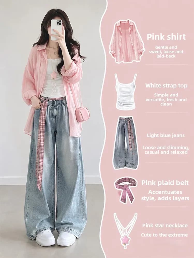 Unique Beautiful Autumn Three-Piece Set Women's Gentle Pink Thin Sun Protection Shirt Strap Wide Leg Jeans Suit Fashionable