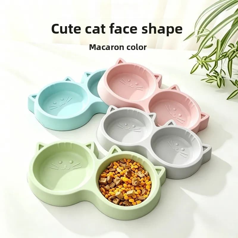 Plastic Double Pet Bowl Macaron Color Anti Tip Cat Dog Feeder Two Compartment for Food and Water Cute Pet Dish