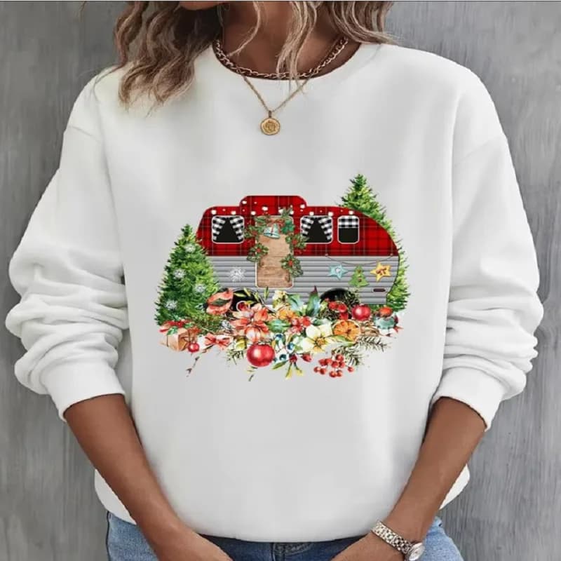 Felpa con cappuccio in pile stampato con albero di Natale di Capodanno da donna, pullover casual a maniche lunghe, felpa alla moda streetwear