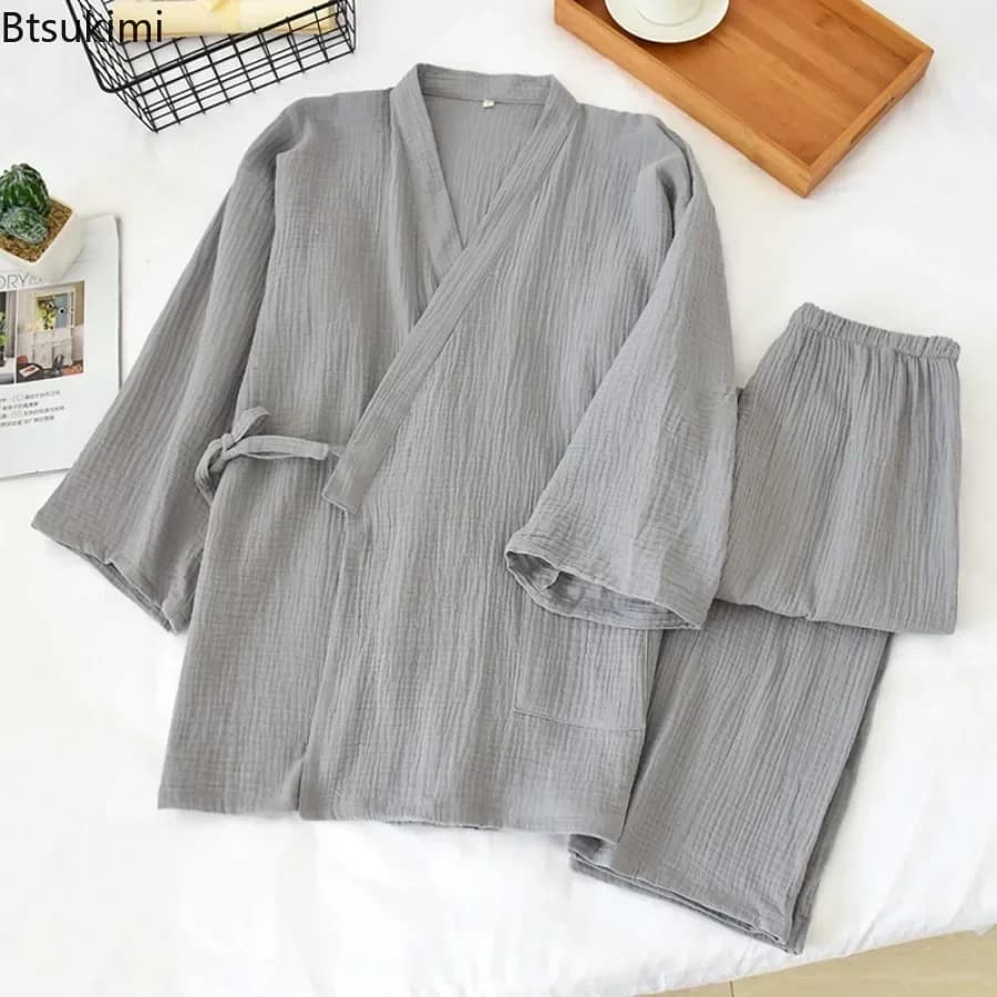 2026 Kimono giapponese pigiama solido da uomo in due pezzi semplice panno crespo di cotone taglie forti top con lacci pantaloni set di servizi per la casa