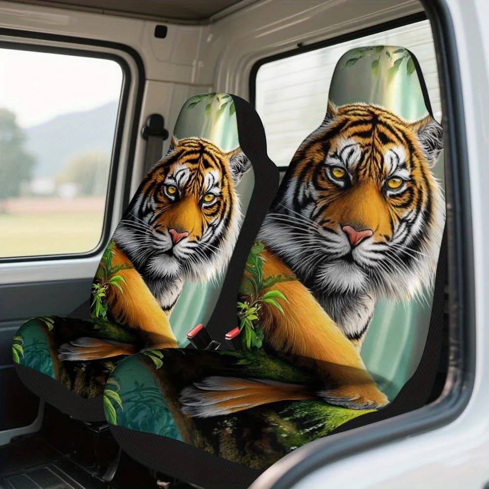 2 car seat covers with Majestic Tiger In Jungle print – suitable for cars, trucks, vans and SUVs | Protections for Seats Durevoli | Easy