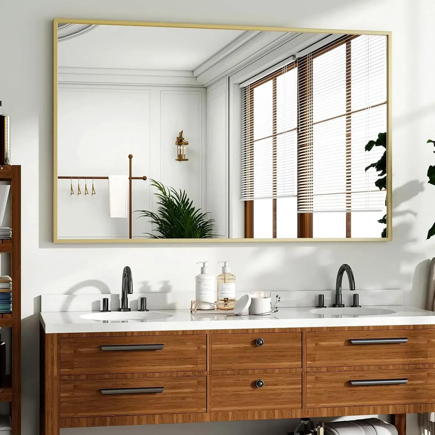 Specchio da Bagno 48"x30" da Parete, Grande Specchio Rettangolare con Cornice Dorata in Lega di Alluminio, Montabile Orizzontalmente/Verticalmente