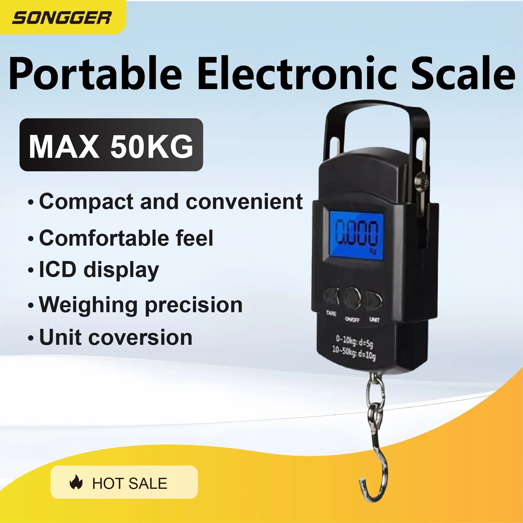 Bilancia Digitale Portatile 50kg con Gancio Display LCD Alta Precisione per Valigie Pesci Uso Domestico e Commerciale