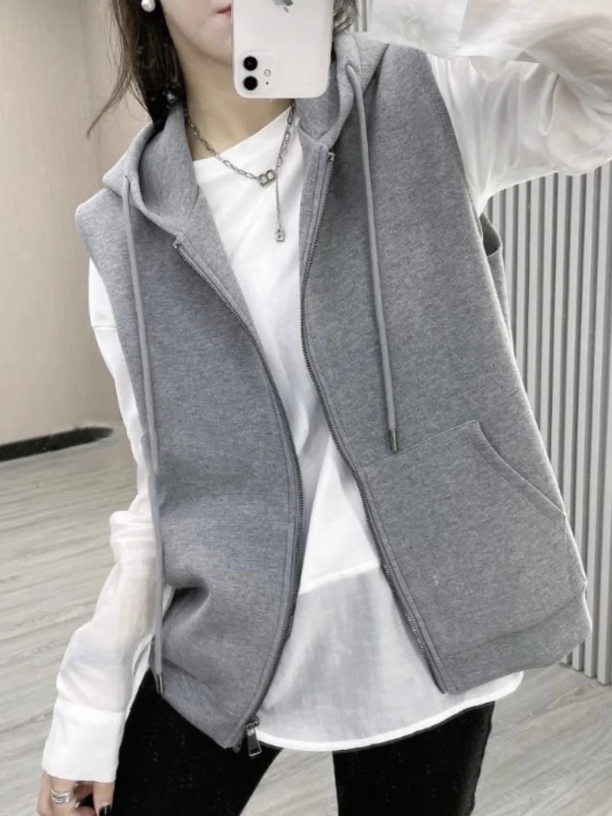 High-End Faion Retro Dstring Hooded Vest Large Size Casual Jaet Zipper Closure Cotton Polyester Blend Regular Length