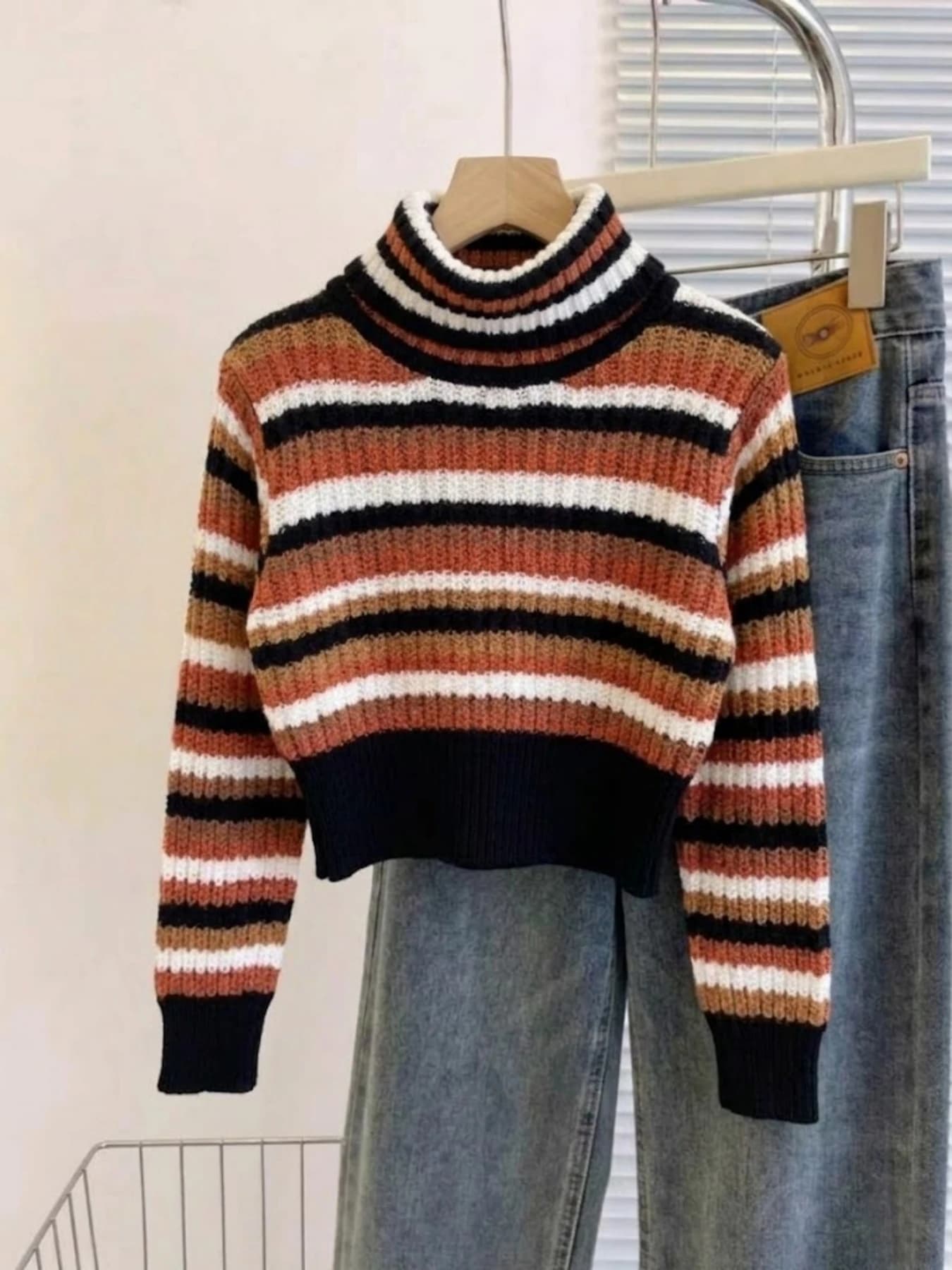 Slimming Striped Turtleneck Knit Top Ribbed Cropped Waist Long Sleeve Sweater Fall Winter Base Layer
