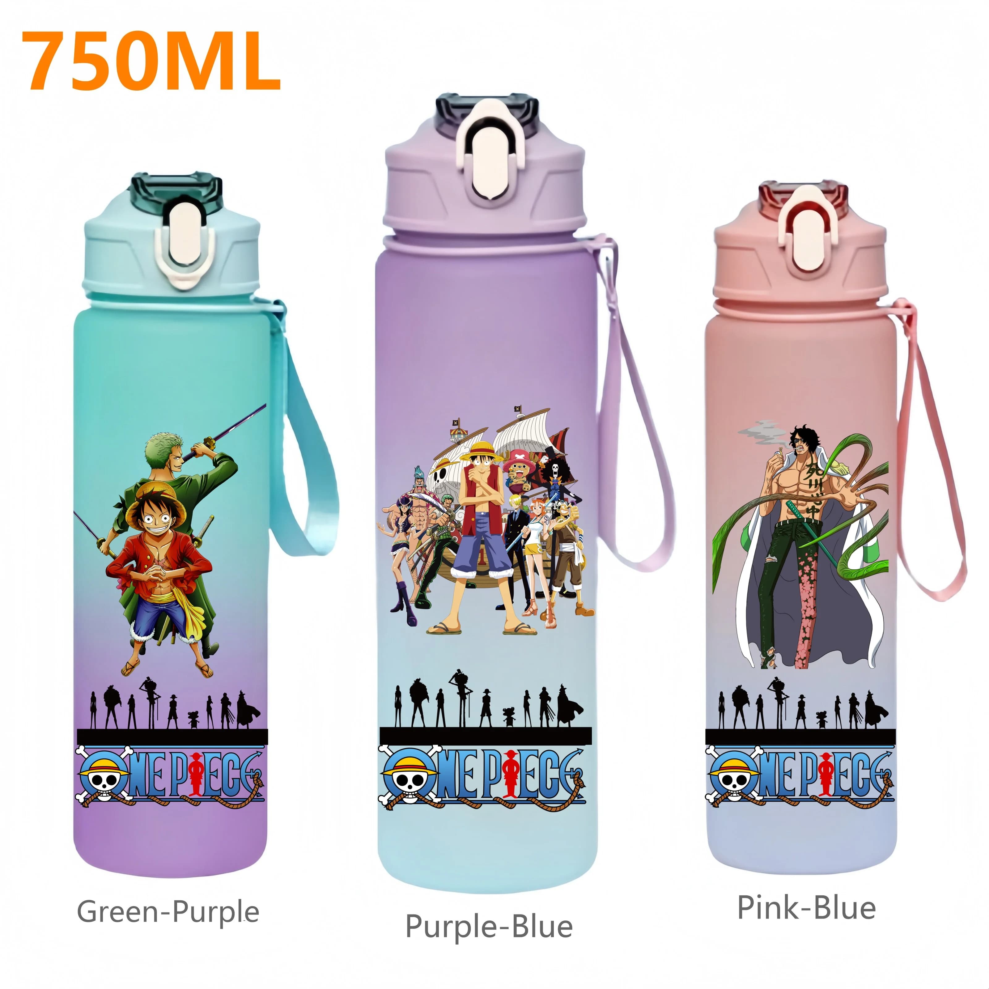750ML ONE PIECE Monkey D. Luffy Roronoa Zoro Anime Bottiglia d'acqua con cannuccia Sport all'aria aperta Viaggi Palestra portatile Fitness Brocche
