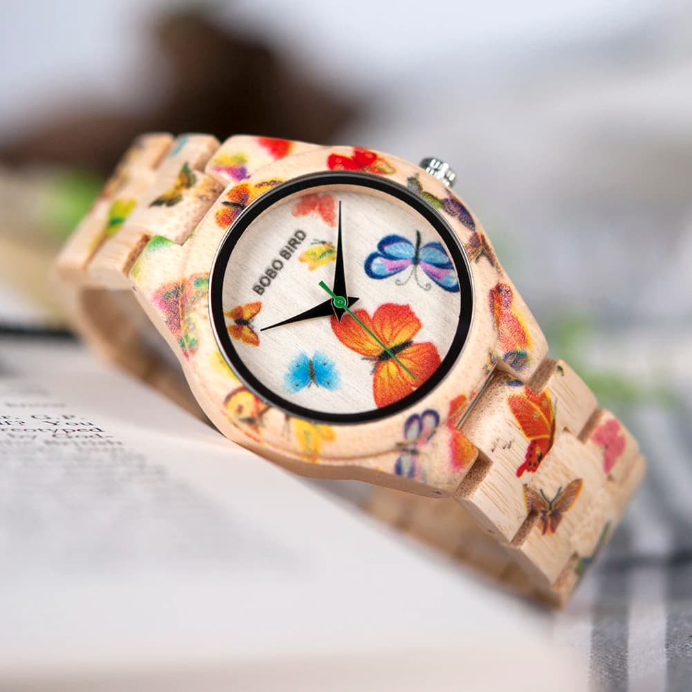 BOBO BIRD Women's Wooden Watch Luxury Handmade Quartz Wrist Watch with Floral Pattern Printed Wood