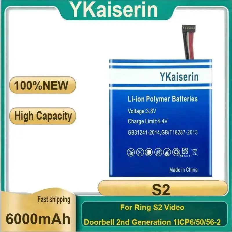 Batteria per campanello da 6000 mAh per Ring S2 Video 2a generazione 1ICP6 50 56-2 Ricarica rapida