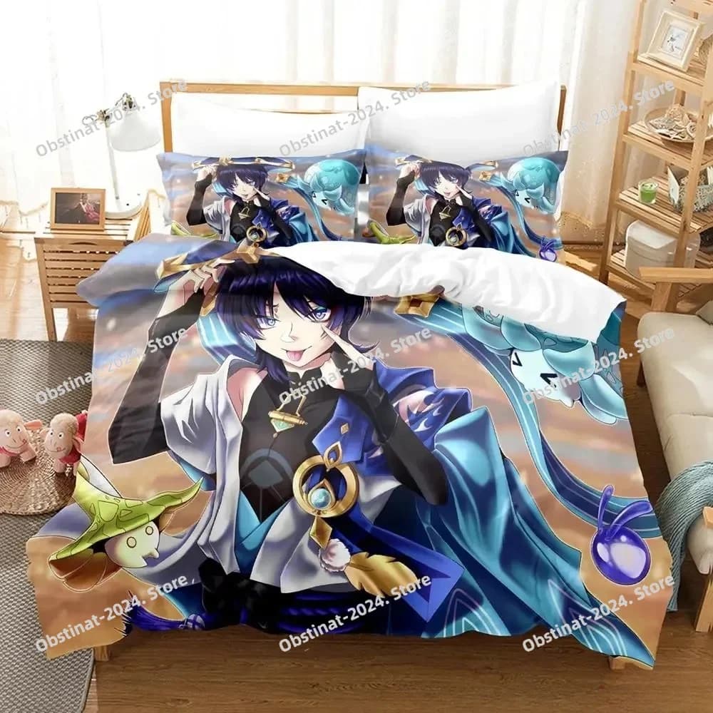 Set di biancheria da letto Scaramouche di Genshin Impact in offerta speciale, set di tre pezzi in stile anime cartoon, set copripiumino per adulti e bambini, 3D Kawaii