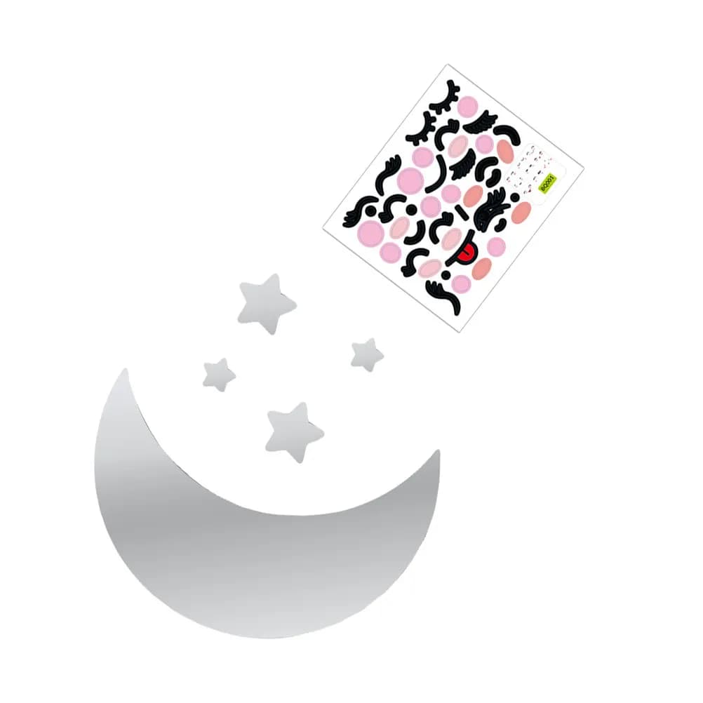 Adesivi Murali con Faccine Sorridenti Cartoon, Set Specchio Luna in Acrilico, Decorazione Stelle per Bagno, Camera da Letto, Soggiorno, Stile Romantico