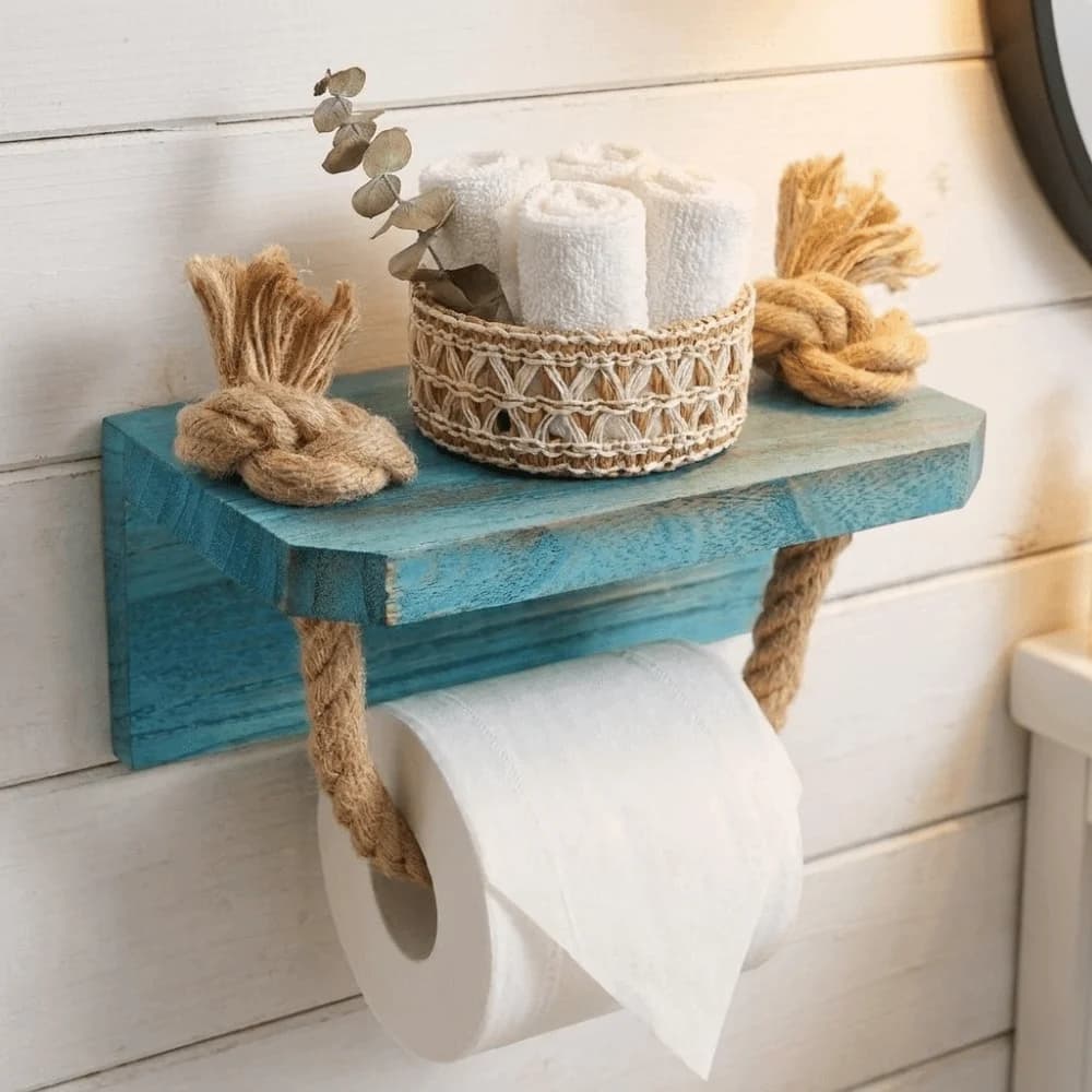 Nautical Style Toilet Paper Holder Rustic Wood Roll Paper Holder Space-Saving Decorative Bathroom Organizer Countertop Organizer