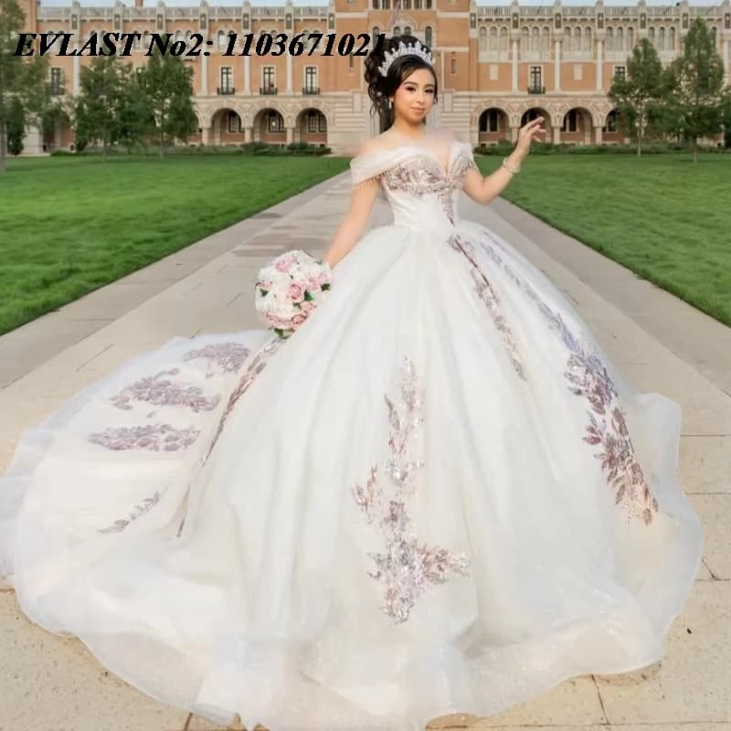 EVLAST Personalizzato Beige Lucido Abito Quinceanera Abito di Sfera Paillettes Applique Perline Corsetto Dolce 16 Abiti Da 15 Anos E2Q04