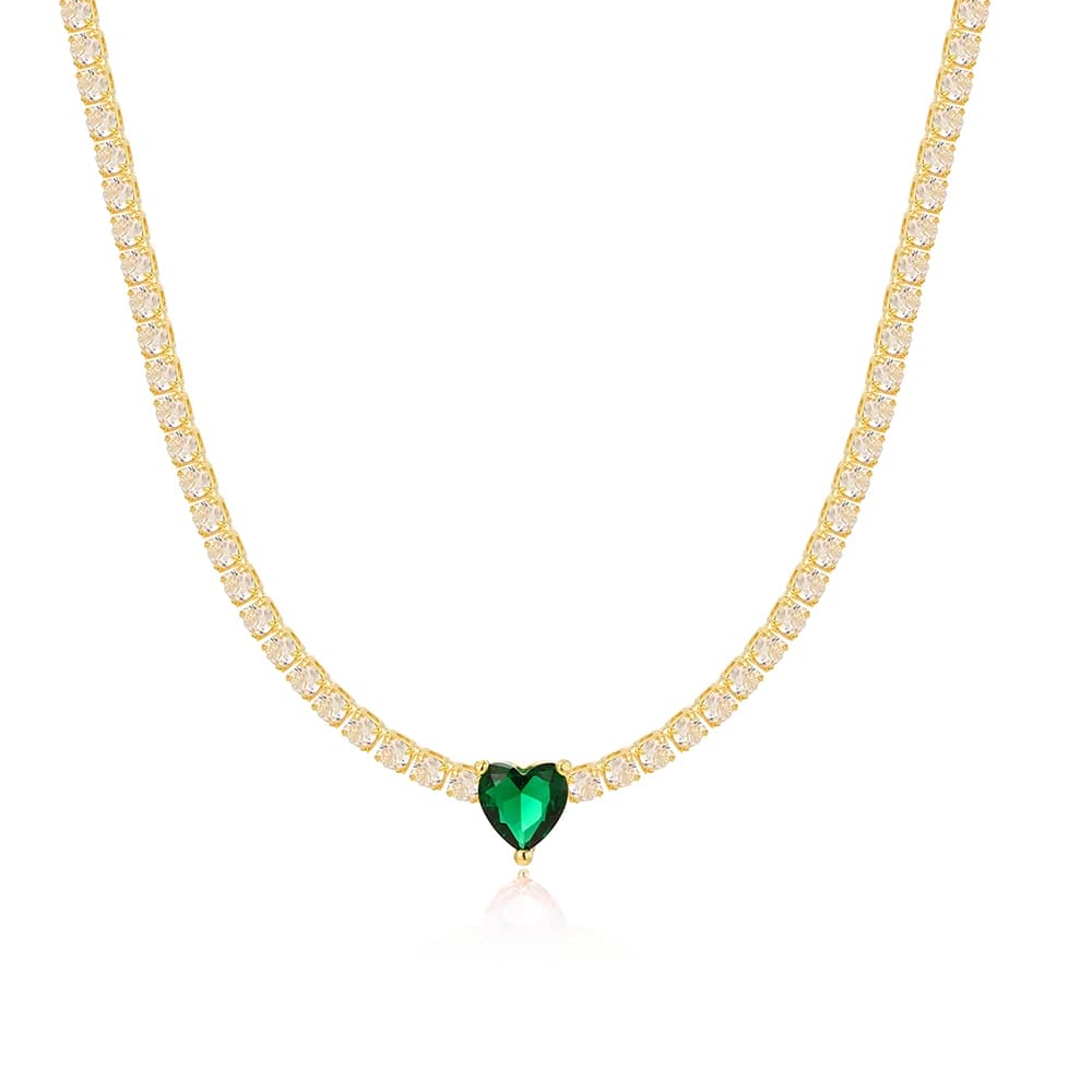 Valentine's Day Gift Heart Design Fashion Gewelry Plated Gold 3mm CZ Tennis Chain Green White Pink Heart Stone Necklace