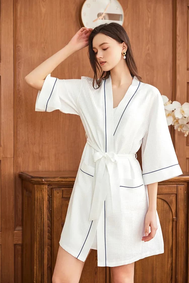 Waffle Jacquard 100% seta di gelso Vestaglie da coppia 2 pezzi Set Camicie da notte da donna Kimono Indumenti da notte Accappatoio e pantaloncini da uomo Pigiama
