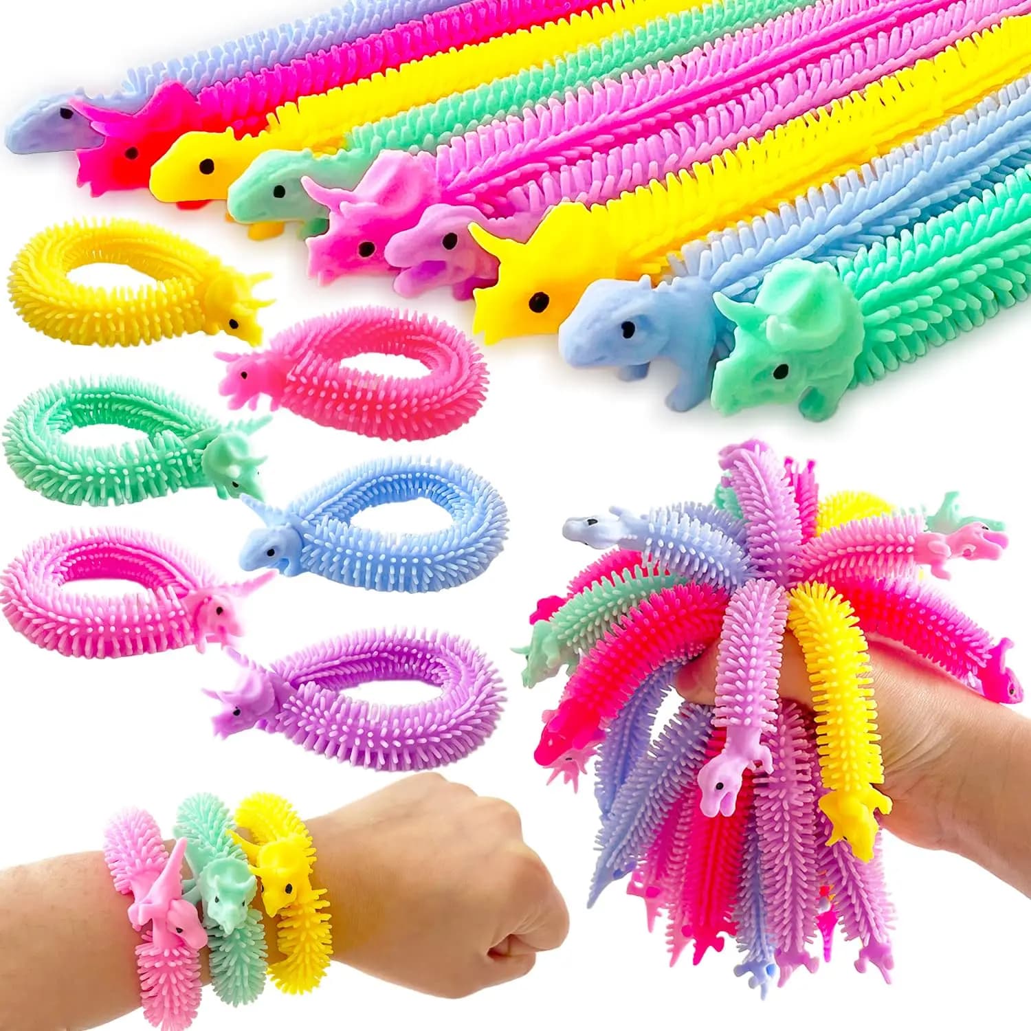 Confezione da 40-10 corde per noodle sensoriali di dinosauro, giocattoli elasticizzati, corda elastica strutturata per bambini e adulti, antistress