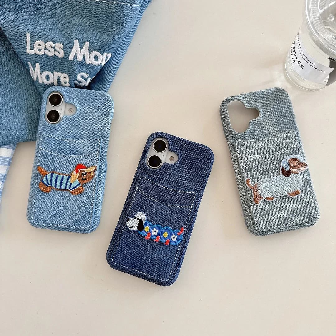 Simpatico cartone animato ricamato cucciolo di cane slot per schede tasca portafoglio custodia in denim per iPhone 11 12 13 14 15 16 17 Pro Max Plus copertura del telefono