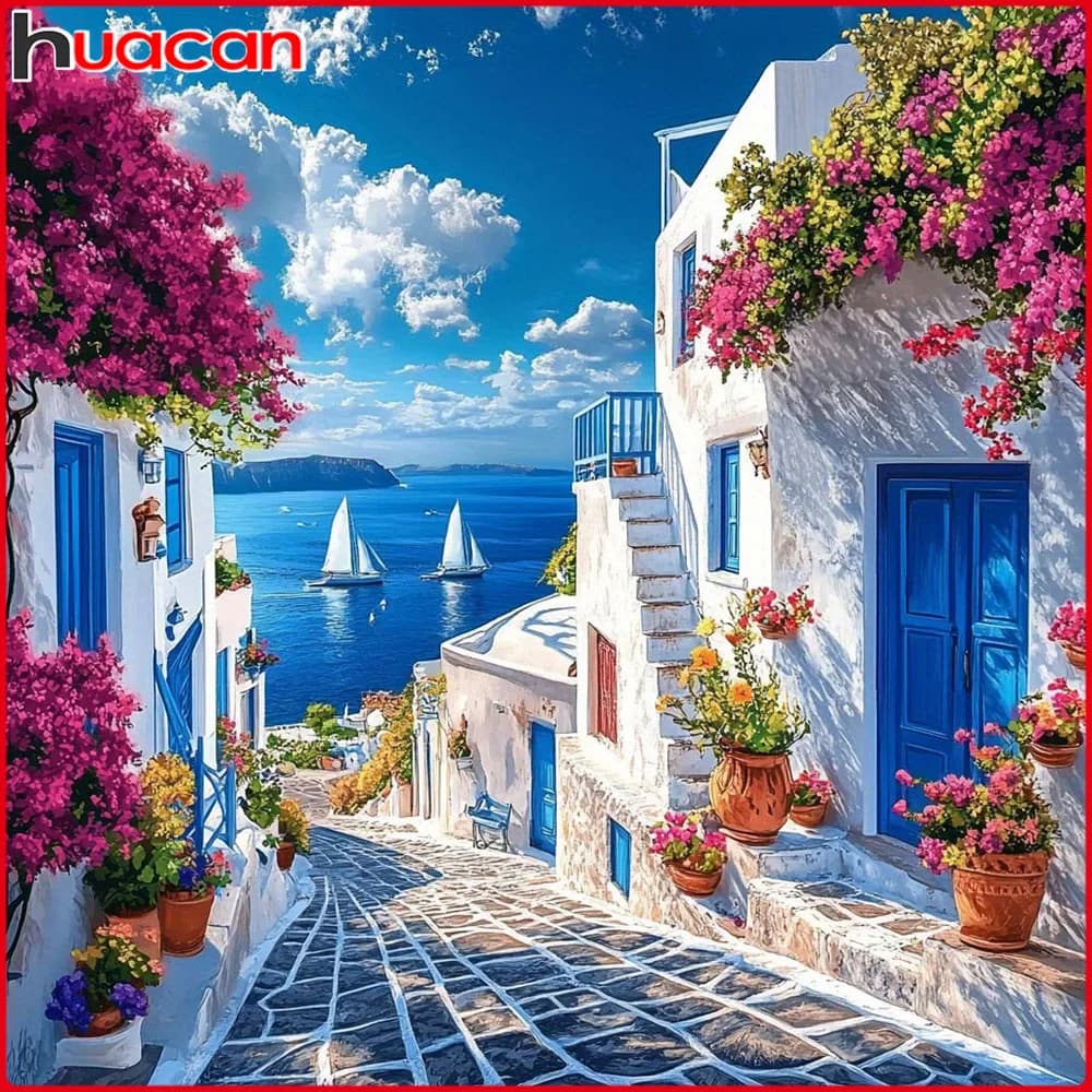 Huacan 5D pittura diamante fai da te strada mare edificio diamante mosaico paesaggio nuova collezione 2025 dipinti decorativi