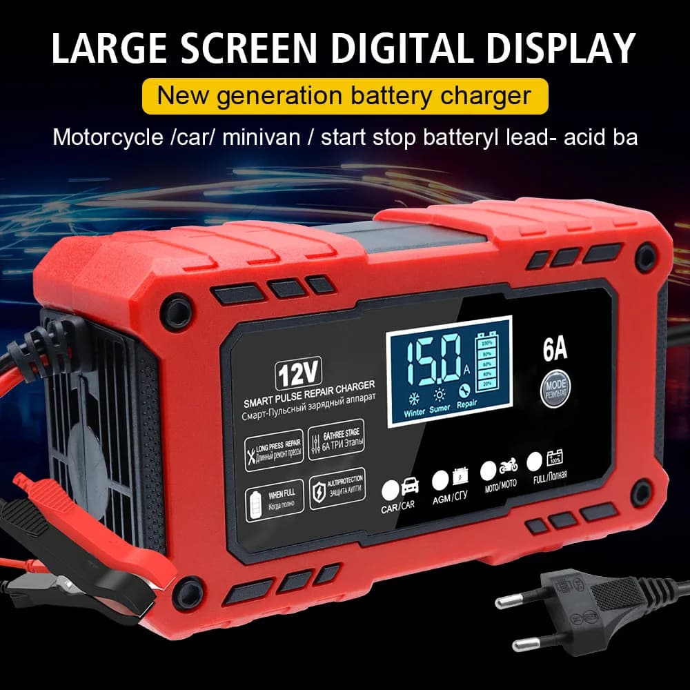 Caricabatterie Intelligente Portatile per Manutenzione Batterie, Riparazione a Impulsi per Batterie al Piombo-Acido, Caricabatterie Smart per Auto e Moto 12V 6A SUV