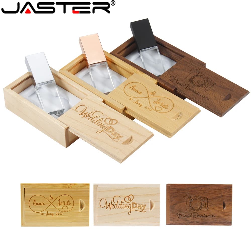 Chiavette USB 2.0 JASTER Crystal 64 GB 32 GB Logo personalizzato gratuito Pen Drive regalo creativo con scatola di legno Memory Stick U Disco 16 GB