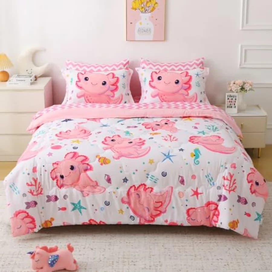 Set Copripiumino Rosa 7 Pezzi per Ragazze, Biancheria da Letto Kawaii per Adolescenti, Set Letto 3D con Animali Colorati, Copripiumino, Lenzuolo Piatto, Lenzuolo con Angoli