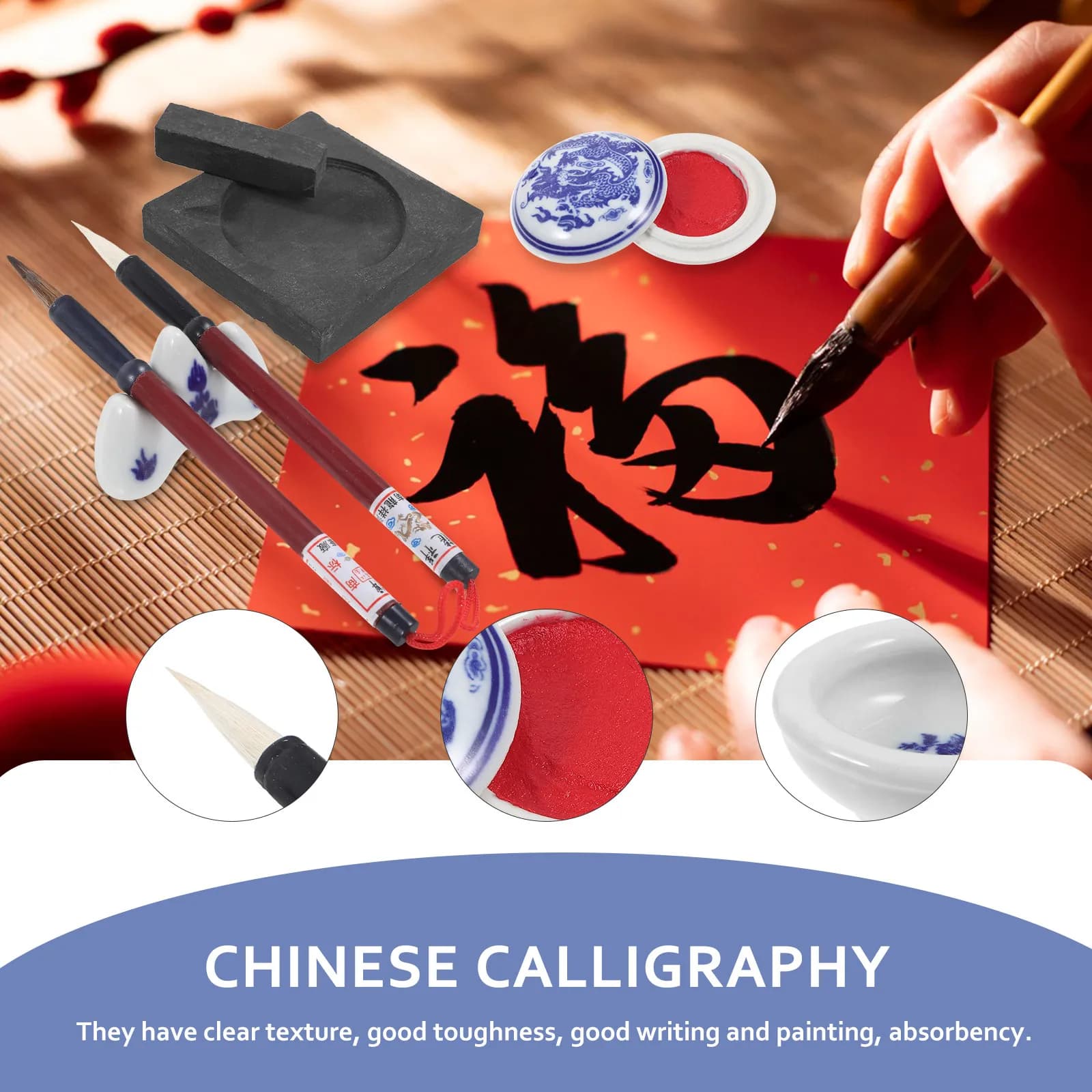 1Set Chinese Calligraphy Brush Set Classic Calligraphy Kit for Beginners Kanji Ink Painting and Writing Study Chinese Brush Pen