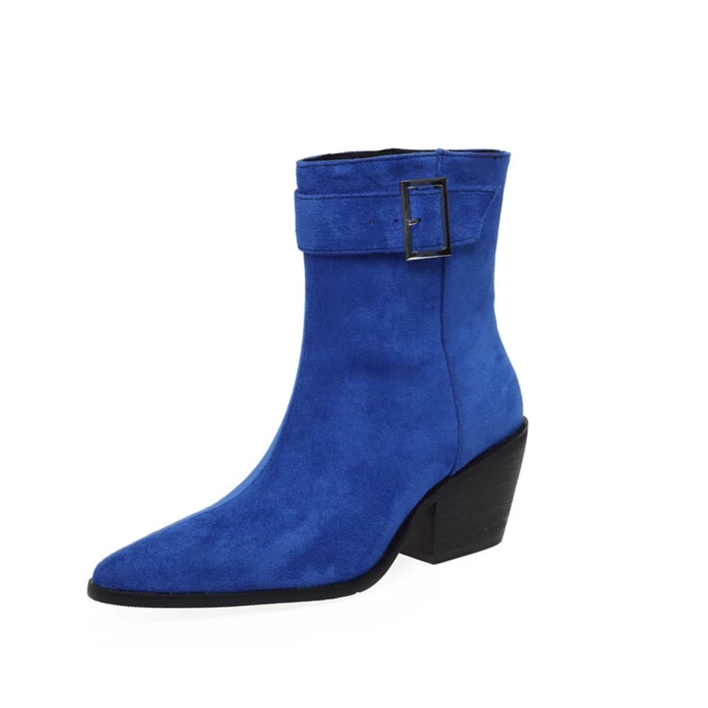 Ankle Boots Women Pointed Toe Sexy Fashion Block Heels Belt Buckle Winter Warm Party Dress Casual Short Boots Big Size 46 2402-1