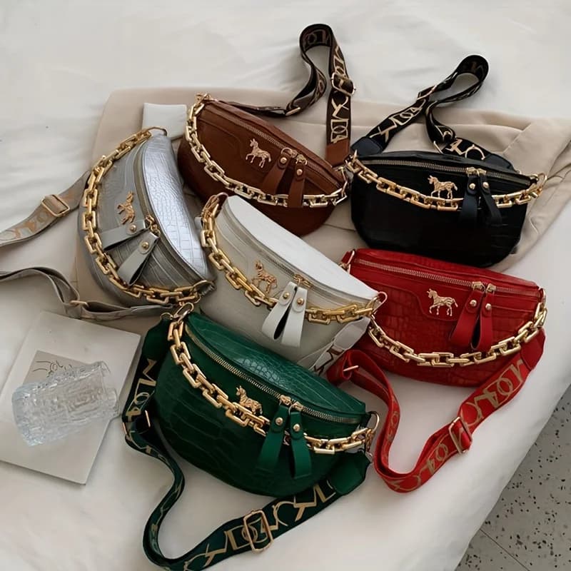 Borsa da petto alla moda in PU Elegante borsa da sella a spalla singola con catena a motivo coccodrillo Borse a tracolla con cintura larga per le donne Uso quotidiano