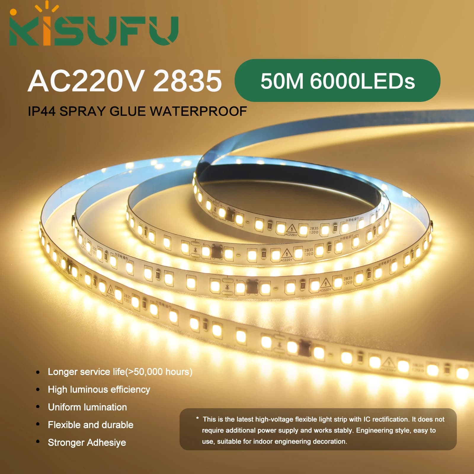 AC220V LED Strip Light 5m 10m 20m 50m/Roll 2835 120 LEDs/M Flexible Adhesive Ribbon Rope Lights Home Decor Line Lighting 9 Color