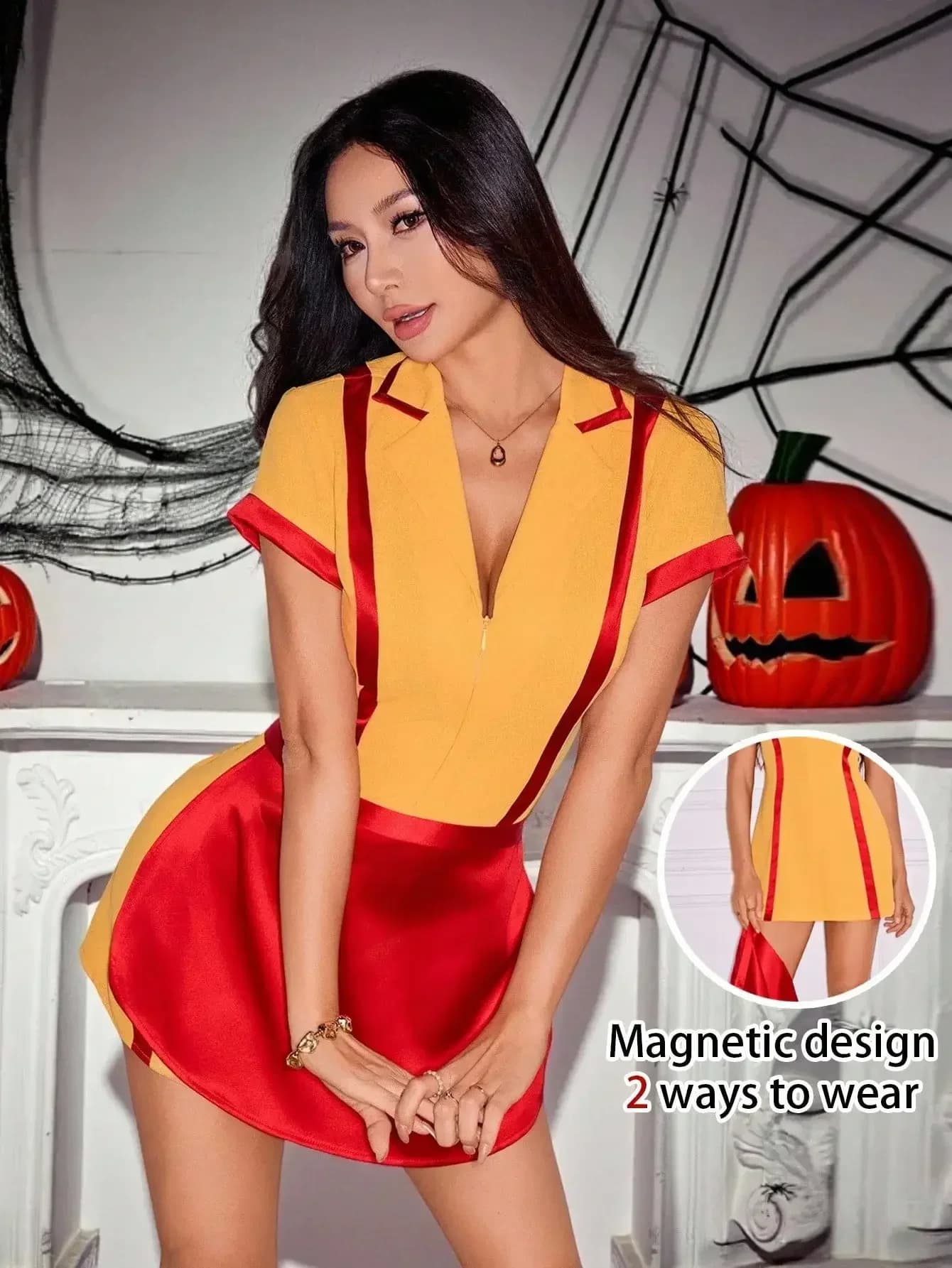 PETITE Women's Cosplay Dress, Classic Halloween Costume Suitable For Parties, Petite Size Red And Yellow Dress Colorblock Dress