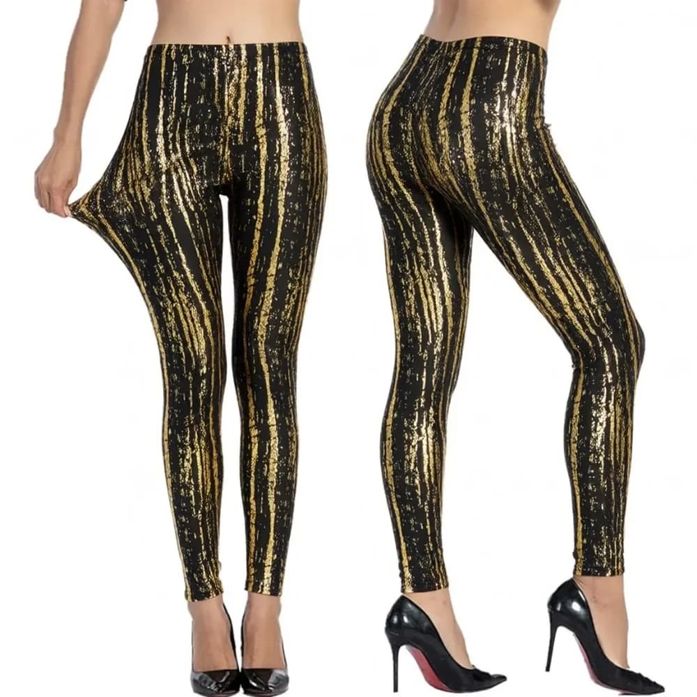 Women Metallic Gold Vertical Striped High Waist Stretch Skinny Leggings Nightclub Party Slim Fit Full Length Pants