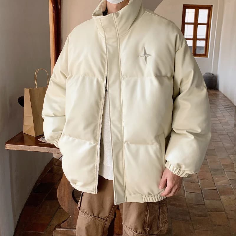 Giacca Invernale in Pelle PU con Colletto Rialzato per Uomo, Stile Streetwear, Design con Patch a Stella in Metallo, Abbigliamento Casual Invernale Maschile