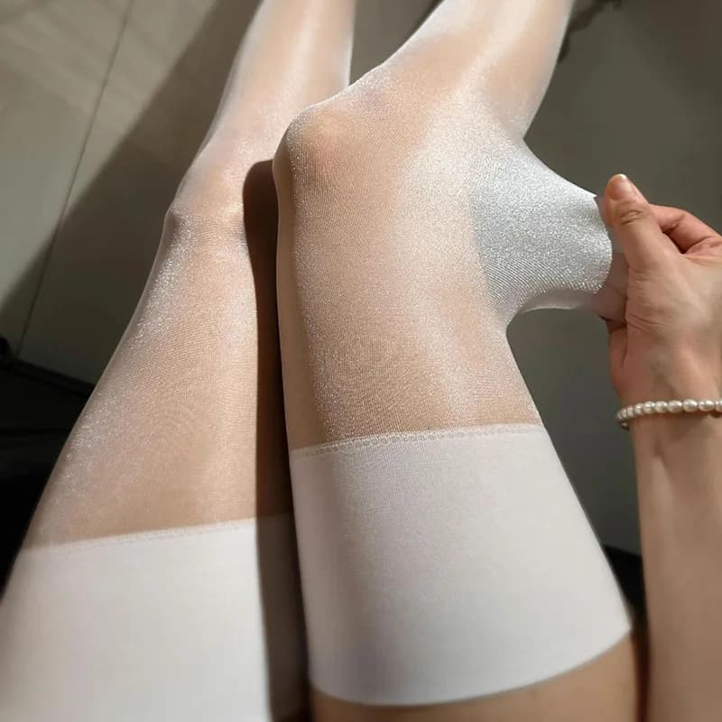 12D polsino a bordo largo calze da donna in seta lucida Lingerie Sexy biancheria intima trasparente Party Club calze lunghe sopra il ginocchio bianche