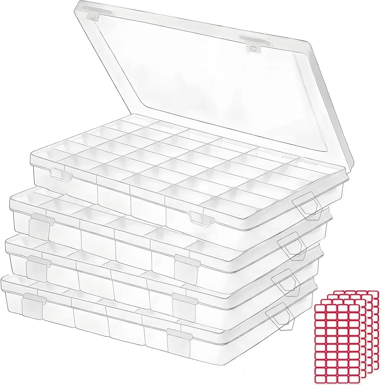 Set of 4 Transparent Plastic Organizing Boxes with Adjustable Dividers for Crafts, Jewelry, Fishing Equipment