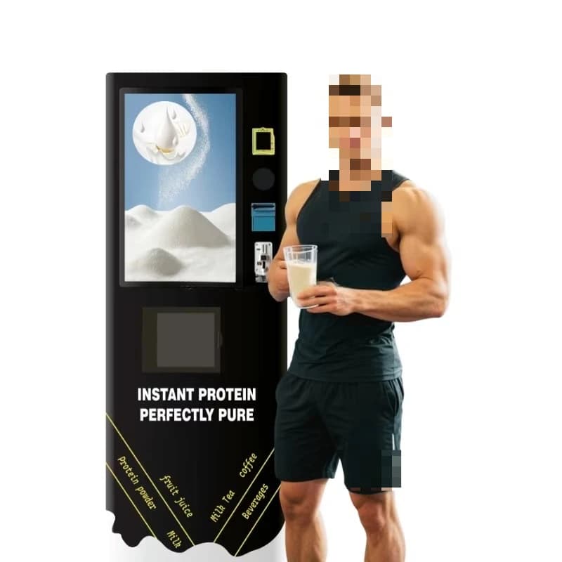 Commercial protein powder mixers, vending machines, automatic cup dispensing, and logo printing