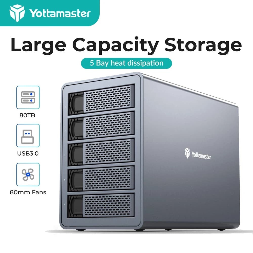 Yottamaster Custodia per disco rigido esterno RAID a 5 alloggiamenti Custodia per disco rigido SATA HDD SSD da 2,5" 3,5" Modalità RAID Supporto per archiviazione disco rigido 80TB