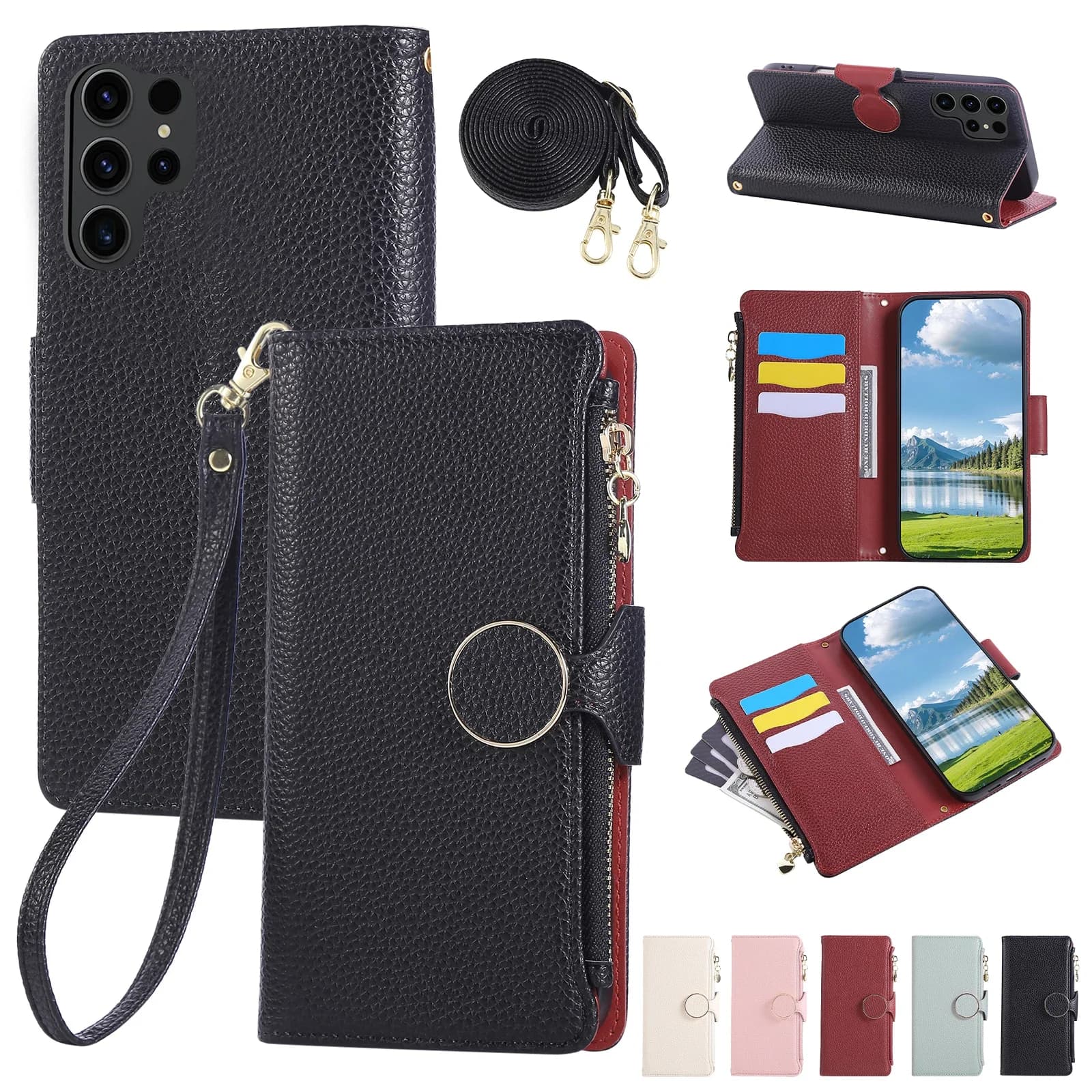 Custodia per telefono per Samsung Galaxy S25 Edge S24 S23 S21 FE S22 S20 Plus Nota 20 Ultra Crossbody Cover Portafoglio con cordino in pelle