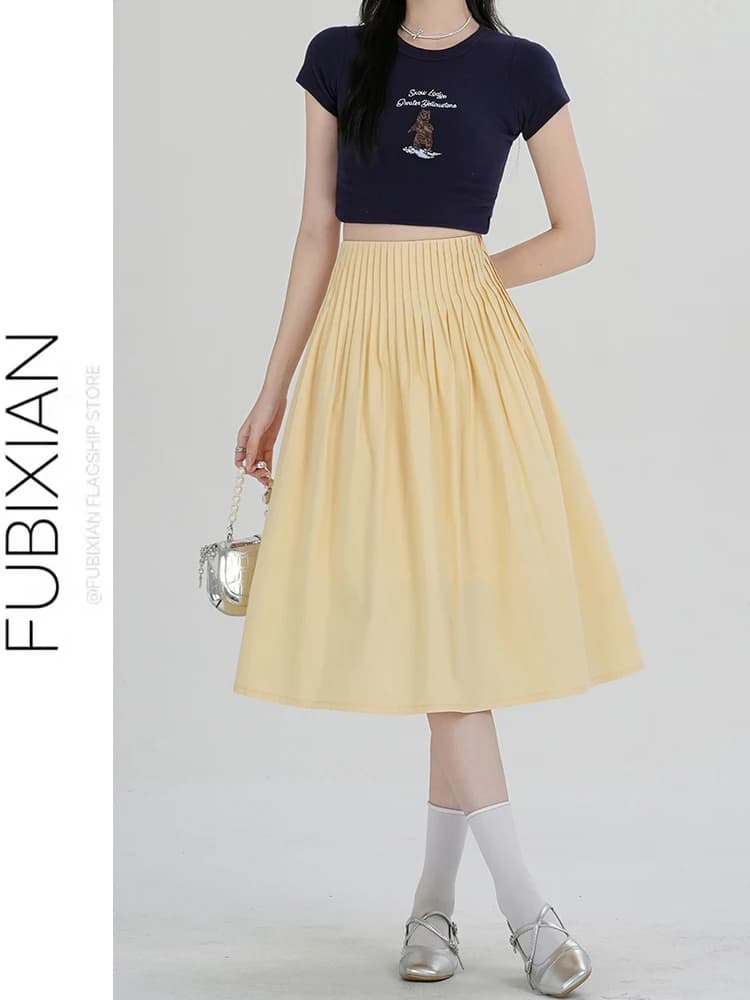 Yellow Gauze A-Line Skirt Women's High Waist Pleated Half-length Commute Korean Style Summer New Arrival Fluffy Umbrella Skirt