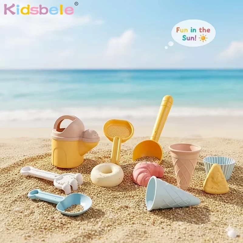 Set da 11 Pezzi per Giochi con Sabbia e Acqua con Borsa a Rete, Attrezzi per Scavare nella Sabbia, Set di Rastrelli e Palette per la Spiaggia, Set da Gioco per Esterni a Tema Gelato per Bambini