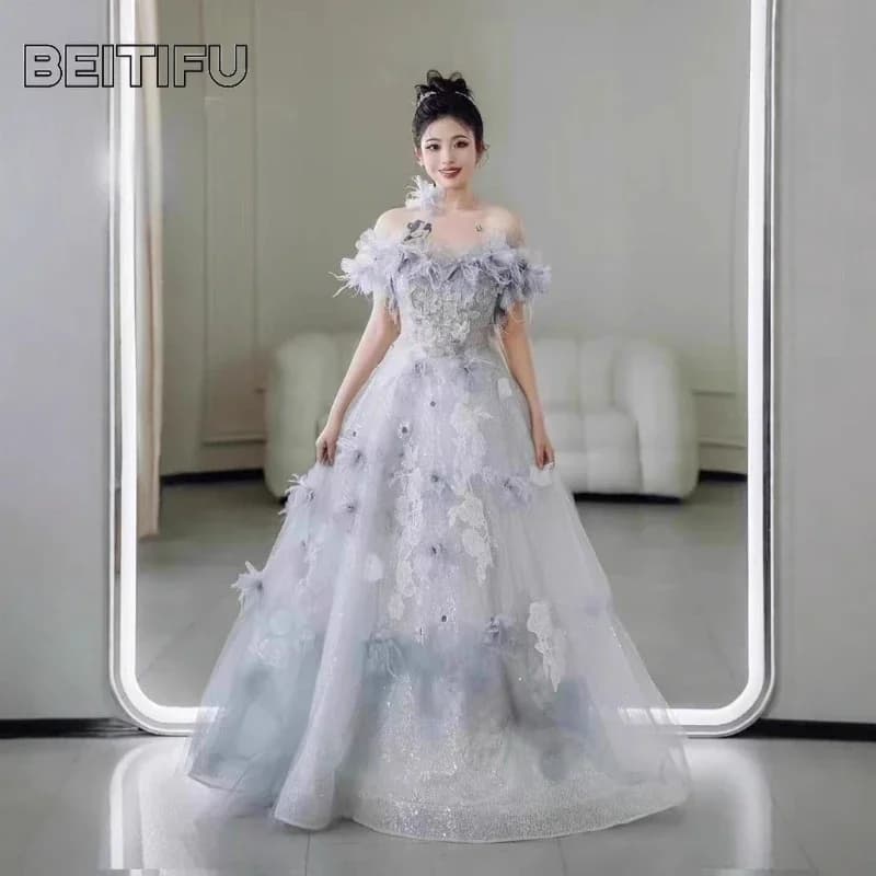 BeitifuBaby Abiti da sera per donna Stile principessa con spalle scoperte Decorazione floreale Gonna a trapezio Abito da banchetto Abito da festa